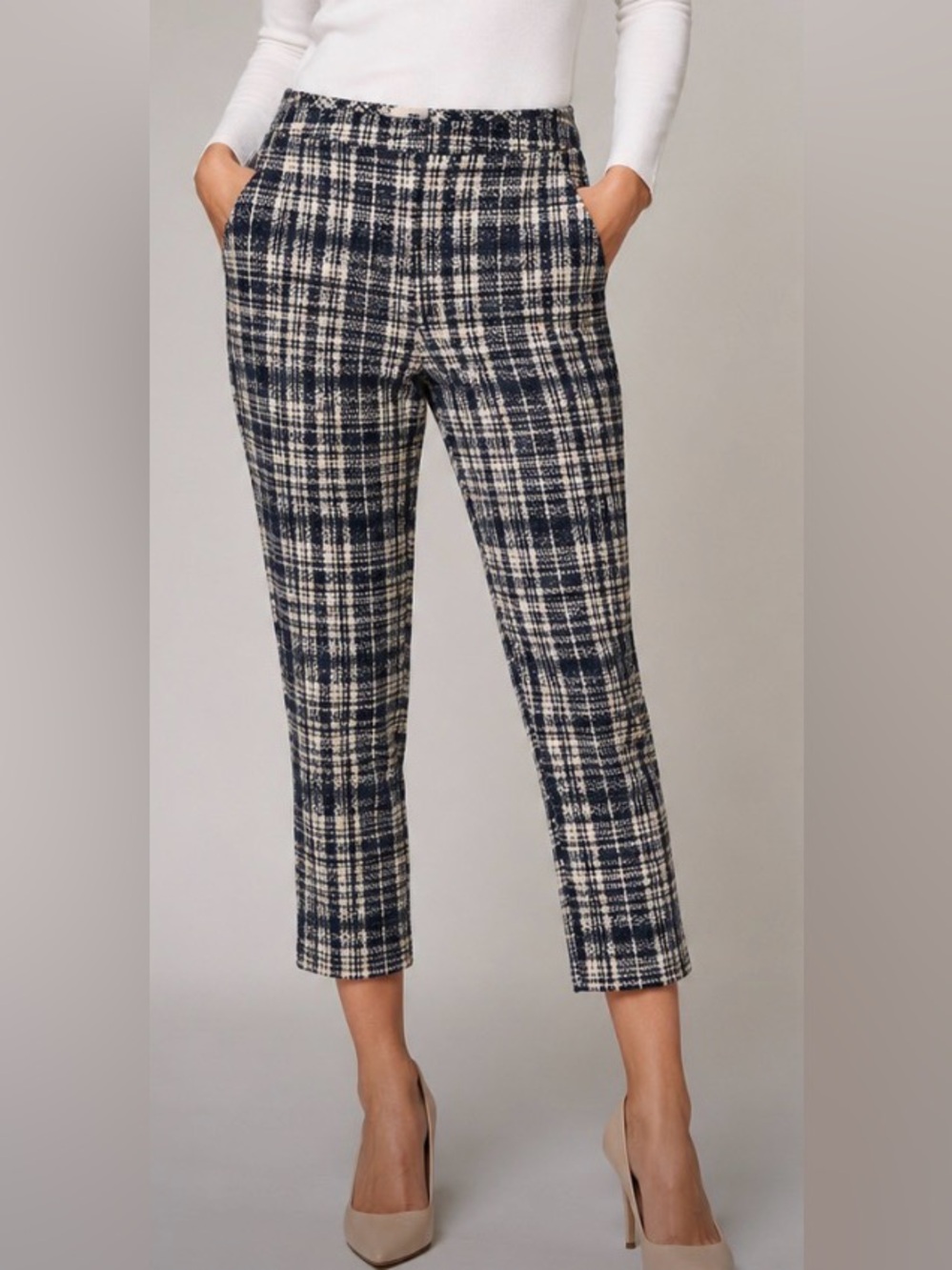 Minimum Navy and Cream Women’s Checkered Plaid Tweed Dress Pants